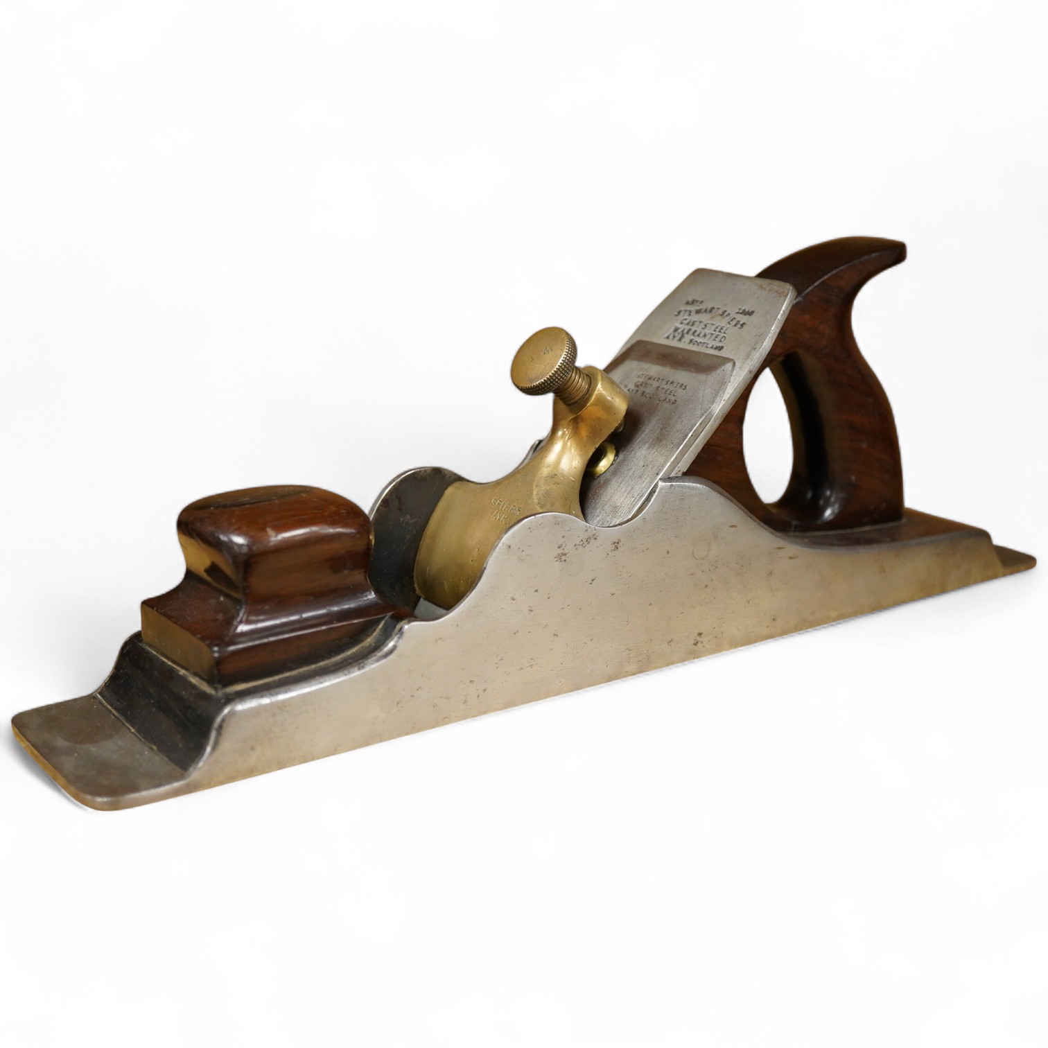 A Stewart Spiers steel 15 1/2” panel plane, stamped with Spiers, Ayr to the brass lever cap, chip breaker and iron, with rosewood infill